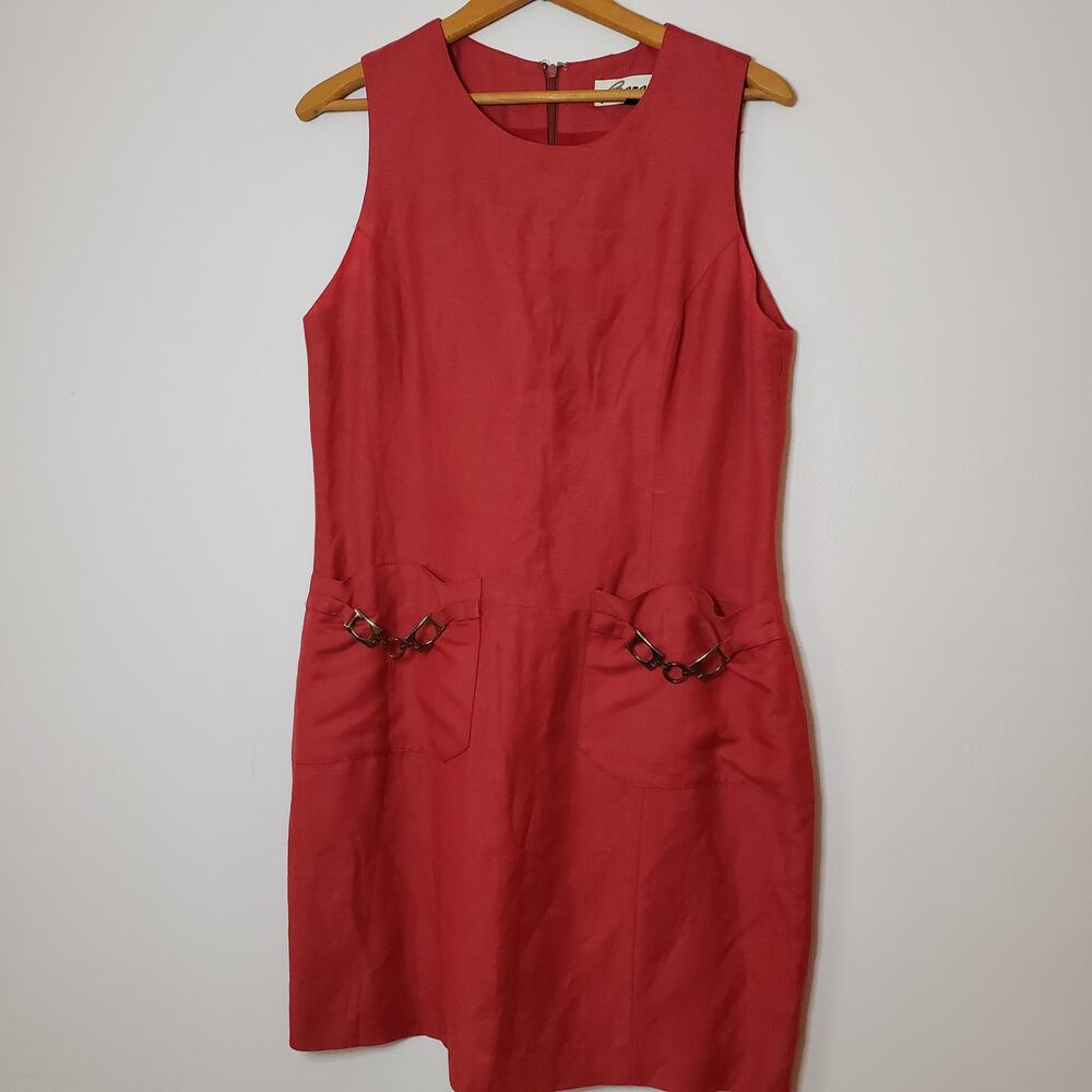 Barami Viscose Linen Rust Colored Sleeveless Shift Dress Embellished Pockets 12
